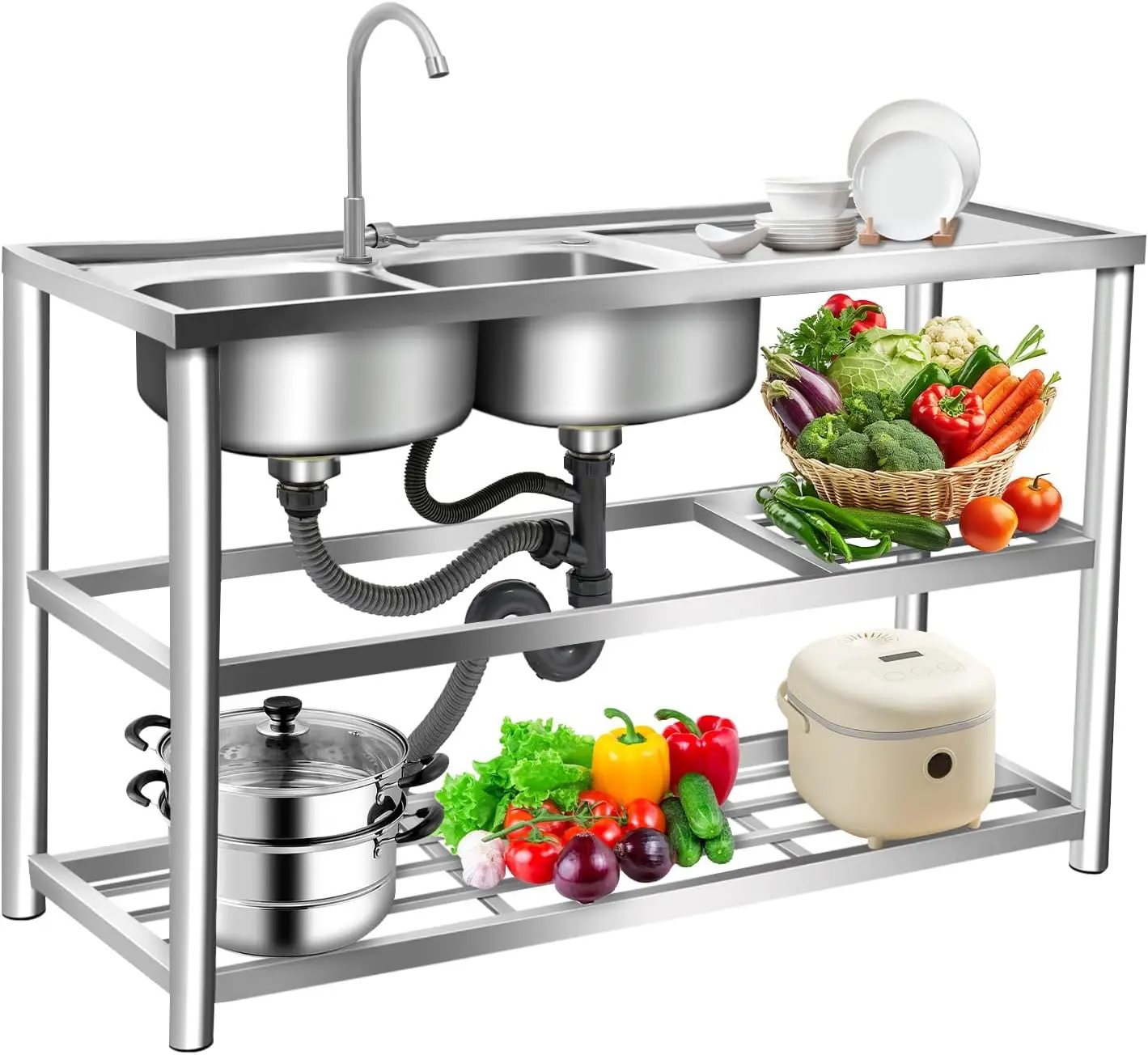 Commercial Kitchen Sink - Lavello a 3 livelli autoportante in